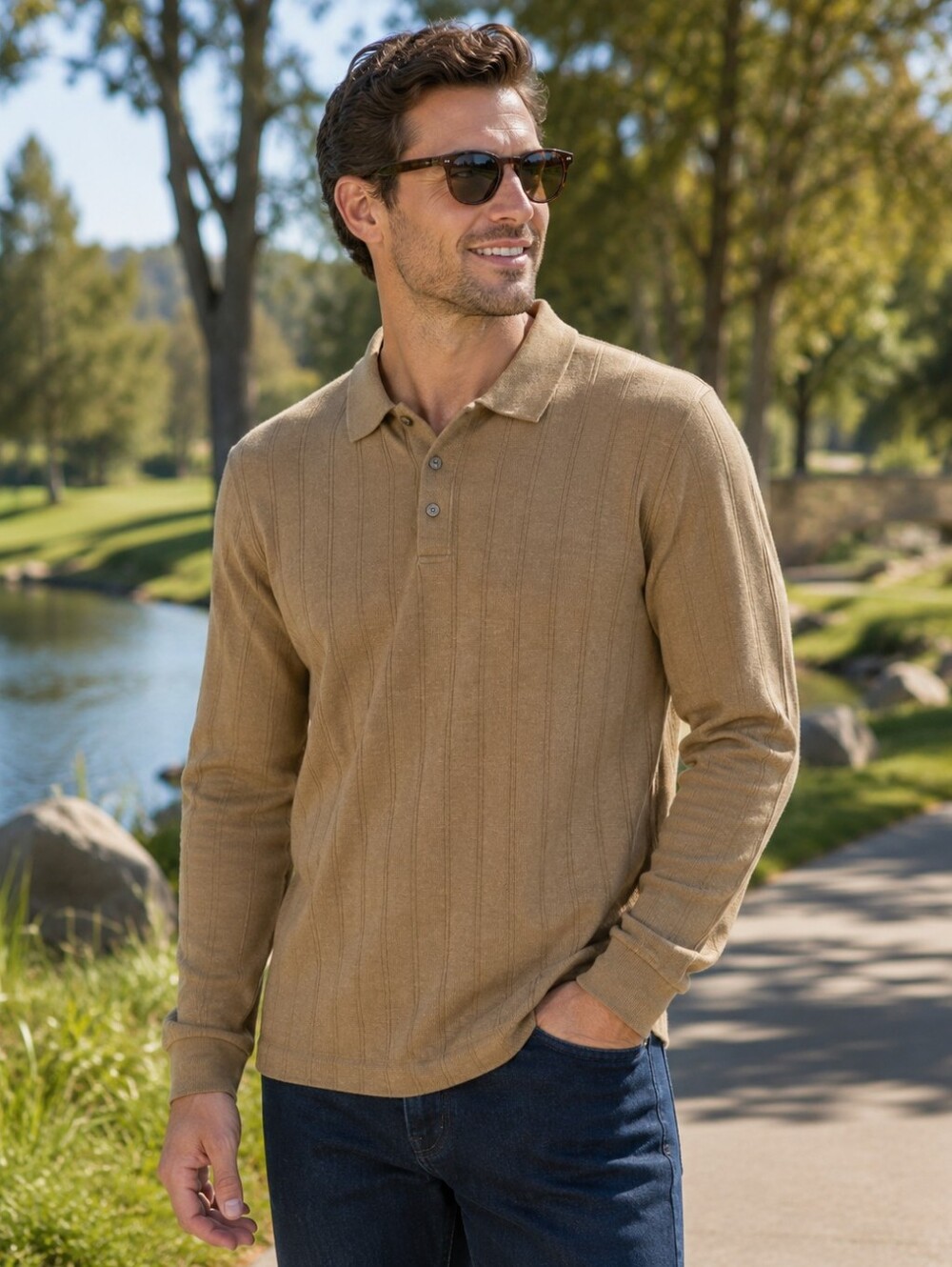 Van Heusen Men’s Long-Sleeve Knit Polo in Camel Large Blended Cotton